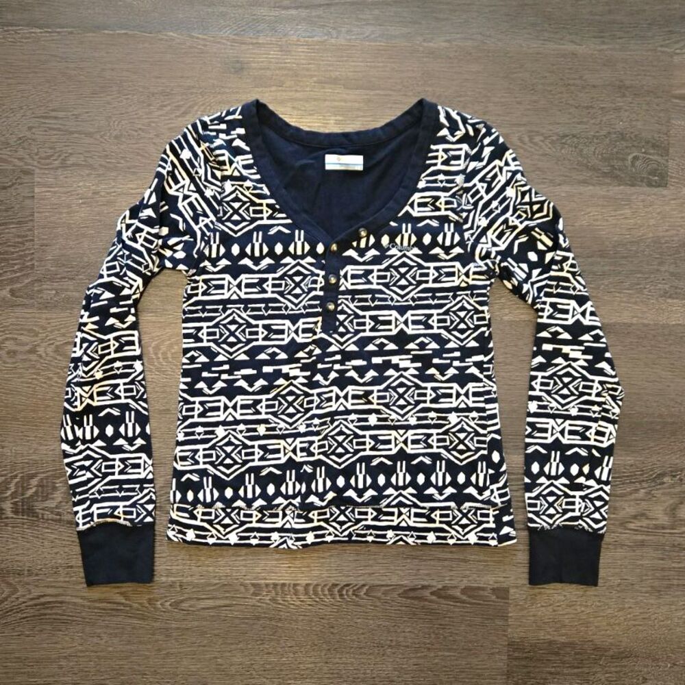 Columbia Black/White Geometric Knit Henley Top V-Neck Long Sleeve Stretch S